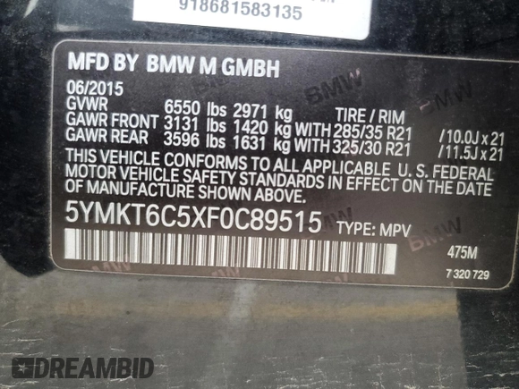 2015 BMW X5 M z VIN 5YMKT6C5XF0C89515, wystawiony jako Copart lot #54364934 z przebiegiem 151 595 mil mil oraz Szkoda całkowita • Salvage title. Historia ofert i sprzedaży dostępna na DreamBid. Obrazek 14.