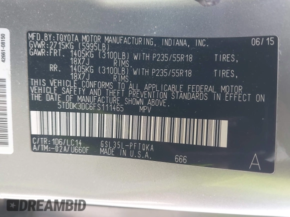 2015 Toyota Sienna Limited with VIN 5TDDK3DC6FS111465, listed as a IAAI auction lot 41698574 with 195,553 mi miles and . Bid and sale history available at DreamBid. Image 9.