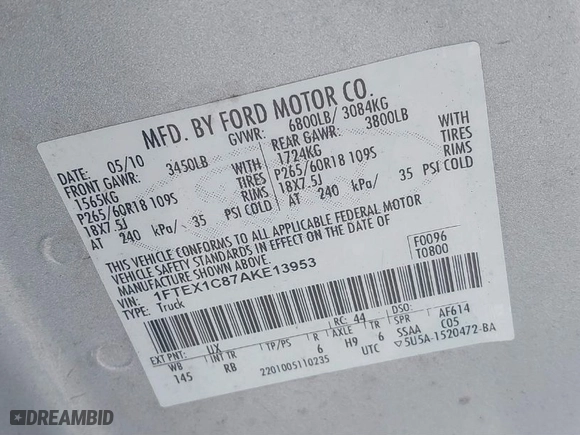 2010 Ford F-150 XL with VIN 1FTEX1C87AKE13953, listed as a IAAI auction lot 41886171 with 223,839 mi miles. Bid and sale history available at carsss.com. Image 9.
