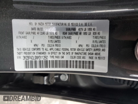 2022 Mazda 3 Premium with VIN 3MZBPADL9NM311250, listed as a Copart auction lot 86020464 with 10,237 mi miles and Salvage Title. Bid and sale history available at DreamBid. Image 12.