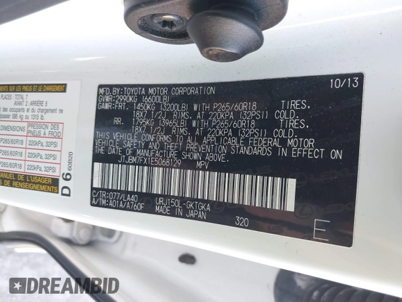 2014 Lexus GX 460 z VIN JTJBM7FX1E5068129, wystawiony jako IAAI lot #41649949 z przebiegiem 131 641 mil mil oraz . Historia ofert i sprzedaży dostępna na DreamBid. Obrazek 9.