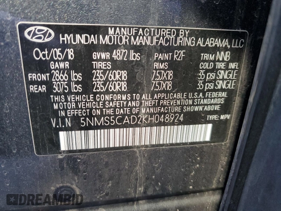 2019 Hyundai Santa Fe Limited with VIN 5NMS5CAD2KH048924, listed as a Copart auction lot 43625285 with 118,874 mi miles and Salvage Title. Bid and sale history available at carsss.com. Image 15.