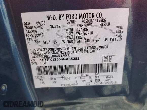 2006 Ford F-150 XLT with VIN 1FTPX12556NA35282, listed as a Copart auction lot 53357515 with 325,998 mi miles and Salvage title. Bid and sale history available at DreamBid. Image 12.