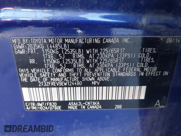 2014 Toyota RAV4 LE with VIN 2T3ZFREV9EW124480, listed as a IAAI auction lot 42579578 with 117,799 mi miles and . Bid and sale history available at DreamBid. Image 9.