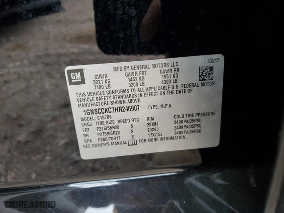 2017 Chevrolet Tahoe Premier with VIN 1GNSCCKC7HR246907, listed as a Copart auction lot 47595165 with 0 mi miles and Salvage Title. Bid and sale history available at carsss.com. Image 12.
