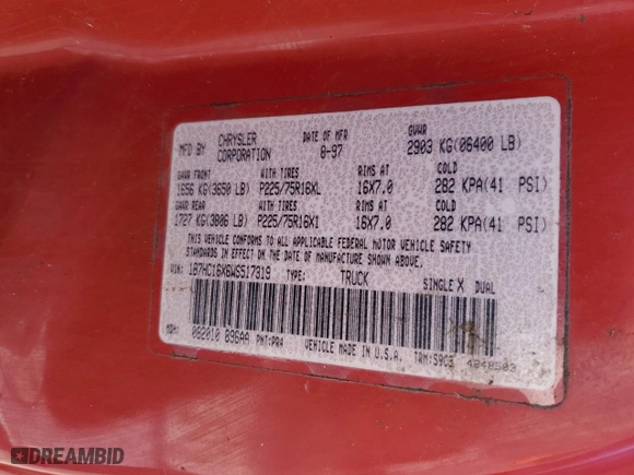 1998 Dodge Ram 1500 with VIN 1B7HC16X6WS517319, listed as a Copart auction lot 80481744 with 251,158 mi miles and Salvage Title. Bid and sale history available at carsss.com. Image 12.