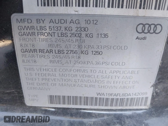 2013 Audi allroad Premium with VIN WA19FAFL8DA142099, listed as a IAAI auction lot 41641097 with 152,559 mi miles. Bid and sale history available at carsss.com. Image 9.