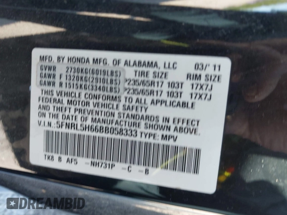 2011 Honda Odyssey EX-L with VIN 5FNRL5H66BB058333, listed as a IAAI auction lot 42172045 with 215,723 mi miles and . Bid and sale history available at carsss.com. Image 9.