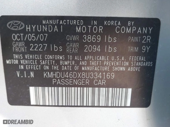 2008 Hyundai Elantra GLS with VIN KMHDU46DX8U334169, listed as a IAAI auction lot 41526044 with 205,956 mi miles. Bid and sale history available at carsss.com. Image 9.