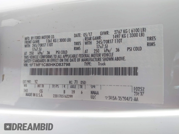 2017 Ford F-150 XL with VIN 1FTMF1C80HKD83798, listed as a IAAI auction lot 42802847 with 141,648 mi miles and . Bid and sale history available at DreamBid. Image 9.