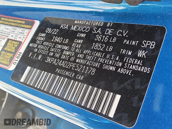 2023 Kia Rio S z VIN 3KPA24AD2PE521178, wystawiony jako Copart lot #54954905 z przebiegiem 67 034 mil mil oraz Tytuł czysty. Historia ofert i sprzedaży dostępna na DreamBid. Obrazek 12.