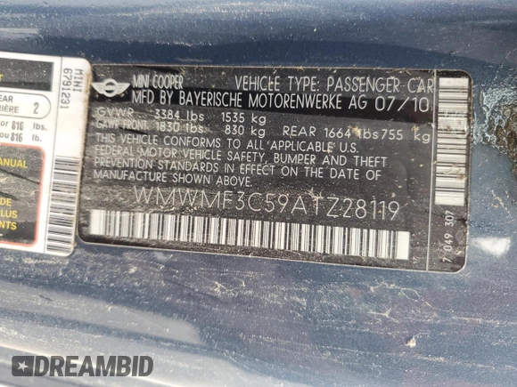 2010 MINI Hardtop with VIN WMWMF3C59ATZ28119, listed as a Copart auction lot 56213355 with 179,994 mi miles and Non Repairable. Bid and sale history available at DreamBid. Image 12.