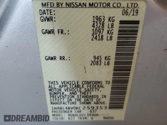 2019 Nissan Altima S with VIN 1N4BL4BV0KC259353, listed as a Copart auction lot 50119185 with 164,537 mi miles and Salvage Title. Bid and sale history available at DreamBid. Image 12.