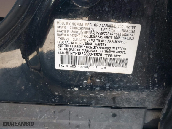 2008 Honda Pilot VP with VIN 5FNYF18228B048870, listed as a IAAI auction lot 41875026 with 195,542 mi miles. Bid and sale history available at carsss.com. Image 9.