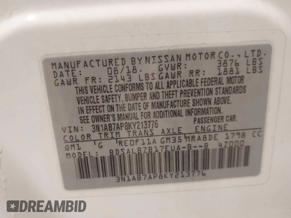 2019 Nissan Sentra SV with VIN 3N1AB7AP8KY213776, listed as a IAAI auction lot 41931881 with 50,688 mi miles and . Bid and sale history available at DreamBid. Image 9.