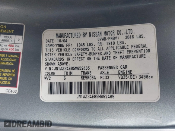 2005 Nissan 350Z Touring with VIN JN1AZ34E85M652465, listed as a IAAI auction lot 41418161 with 153,099 mi miles. Bid and sale history available at carsss.com. Image 9.