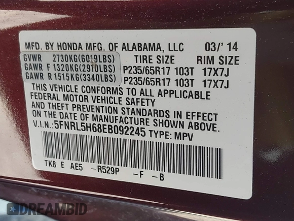 2014 Honda Odyssey EX-L with VIN 5FNRL5H68EB092245, listed as a IAAI auction lot 42135356 with 92,202 mi miles and . Bid and sale history available at carsss.com. Image 9.