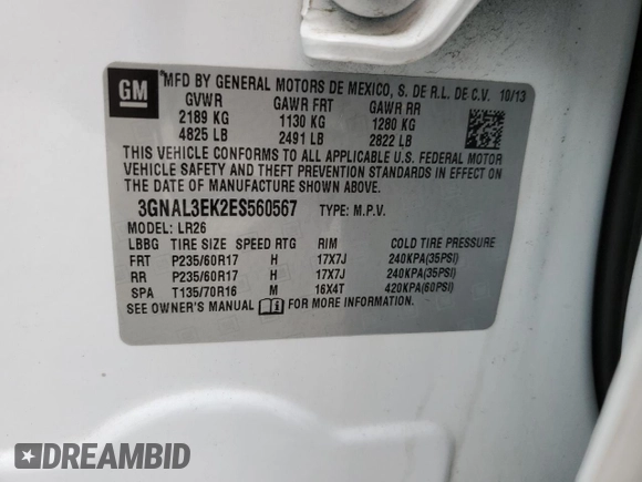 2014 Chevrolet Captiva Sport LT with VIN 3GNAL3EK2ES560567, listed as a Copart auction lot 45280394 with Not Provided miles and Clean Title. Bid and sale history available at DreamBid. Image 13.