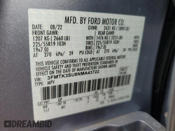 2022 Ford Mustang Mach-E Premium z VIN 3FMTK3SU8NMA43722, wystawiony jako Copart lot #62332945 z przebiegiem 13 559 mil mil oraz Szkoda całkowita • Salvage title. Historia ofert i sprzedaży dostępna na DreamBid. Obrazek 14.