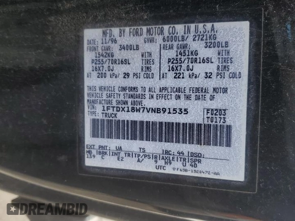 1997 Ford F-150 XL with VIN 1FTDX18W7VNB91535, listed as a Copart auction lot 47724665 with 206,357 mi miles and Clean Title. Bid and sale history available at carsss.com. Image 12.