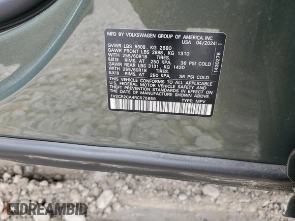2024 Volkswagen Atlas Peak Edition SE with VIN 1V2CR2CA4RC575859, listed as a Copart auction lot 76310634 with 1,228 mi miles and Salvage title. Bid and sale history available at DreamBid. Image 15.