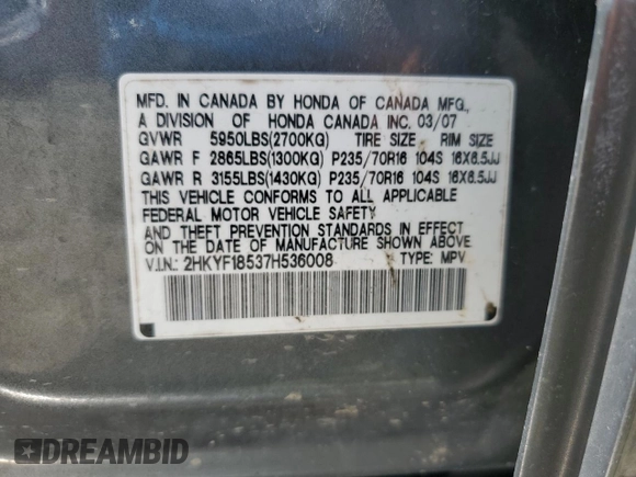 2007 Honda Pilot EX-L with VIN 2HKYF18537H536008, listed as a Copart auction lot 65339965 with 123,456 mi miles and Clean title. Bid and sale history available at DreamBid. Image 13.