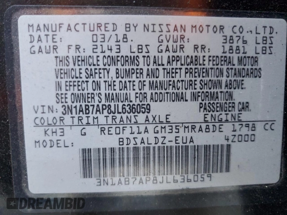 2018 Nissan Sentra SV with VIN 3N1AB7AP8JL636059, listed as a Copart auction lot 49427875 with 128,281 mi miles and Salvage Title. Bid and sale history available at carsss.com. Image 12.