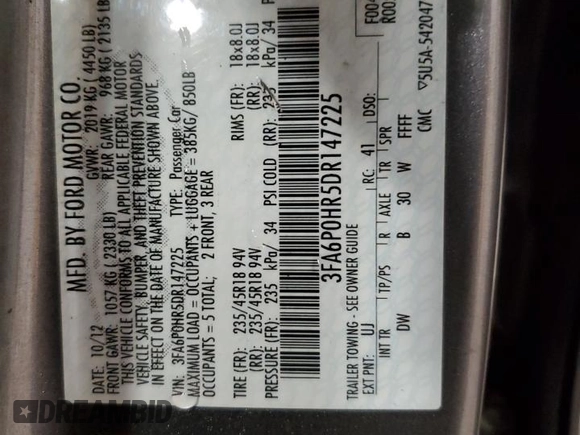 2013 Ford Fusion SE with VIN 3FA6P0HR5DR147225, listed as a Copart auction lot 55612705 with 128,694 mi miles and Clean Title. Bid and sale history available at DreamBid. Image 12.