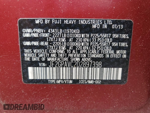 2013 Subaru Crosstrek Premium with VIN JF2GPAVC2D2897398, listed as a Copart auction lot 61415965 with 187,792 mi miles and Clean title. Bid and sale history available at DreamBid. Image 13.