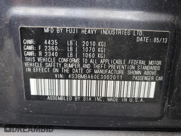 2014 Subaru Legacy 2.5i with VIN 4S3BMBA60E3002011, listed as a Copart auction lot 63925145 with 73,184 mi miles and Clean title. Bid and sale history available at DreamBid. Image 12.