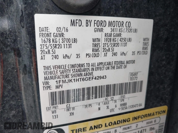 2016 Ford Expedition EL XLT with VIN 1FMJK1HT6GEF42943, listed as a IAAI auction lot 41798854 with 85,986 mi miles. Bid and sale history available at carsss.com. Image 9.