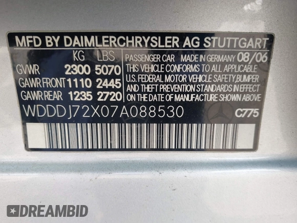 2007 Mercedes-Benz CLS-Class 5.5L with VIN WDDDJ72X07A088530, listed as a IAAI auction lot 42142766 with 202,648 mi miles. Bid and sale history available at carsss.com. Image 9.