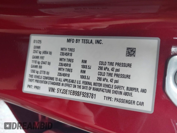 2025 Tesla Model 3 Long Range with VIN 5YJ3E1EB9SF928781, listed as a IAAI auction lot 41870681 with 261 mi miles and . Bid and sale history available at DreamBid. Image 9.