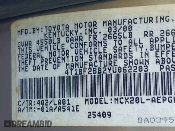 2000 Toyota Avalon XL with VIN 4T1BF28B2YU062203, listed as a IAAI auction lot 41230618 with 268,492 mi miles and . Bid and sale history available at DreamBid. Image 9.