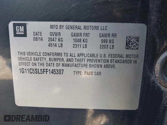 2015 Chevrolet Malibu LT with VIN 1G11C5SL5FF145307, listed as a IAAI auction lot 41864655 with 163,095 mi miles and . Bid and sale history available at DreamBid. Image 9.