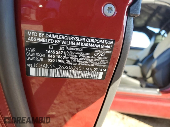 2006 Chrysler Crossfire Limited z VIN 1C3AN65L26X062452, wystawiony jako Copart lot #41878525 z przebiegiem 96 790 mil mil oraz Szkoda całkowita • Salvage title. Historia ofert i sprzedaży dostępna na DreamBid. Obrazek 12.