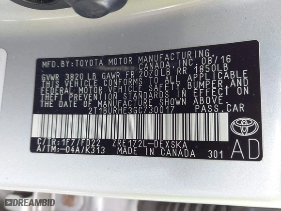 2016 Toyota Corolla L with VIN 2T1BURHE3GC730017, listed as a IAAI auction lot 41646866 with 90,366 mi miles. Bid and sale history available at carsss.com. Image 9.