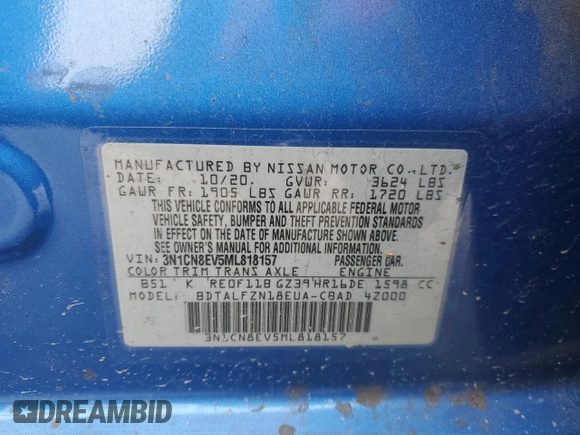 2021 Nissan Versa SV with VIN 3N1CN8EV5ML818157, listed as a Copart auction lot 87623425 with Not Provided miles and Salvage Title. Bid and sale history available at carsss.com. Image 13.