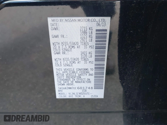 2014 Nissan Pathfinder Platinum with VIN 5N1AR2MM7EC601748, listed as a IAAI auction lot 42202262 with 167,260 mi miles and . Bid and sale history available at DreamBid. Image 9.