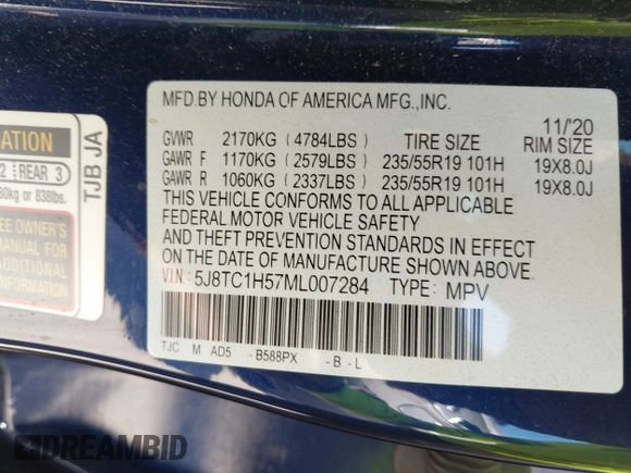 2021 Acura RDX w/Technology Package with VIN 5J8TC1H57ML007284, listed as a IAAI auction lot 41991291 with 35,472 mi miles. Bid and sale history available at carsss.com. Image 9.