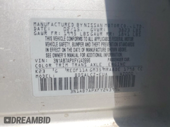 2015 Nissan Sentra SV with VIN 3N1AB7APXFY243996, listed as a Copart auction lot 53812485 with 158,382 mi miles and Clean Title. Bid and sale history available at carsss.com. Image 12.