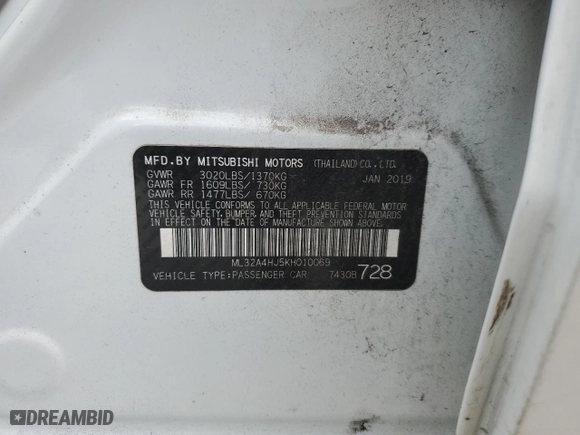 2019 Mitsubishi Mirage SE with VIN ML32A4HJ5KH010069, listed as a Copart auction lot 42210885 with 18,008 mi miles and Salvage Title. Bid and sale history available at carsss.com. Image 12.