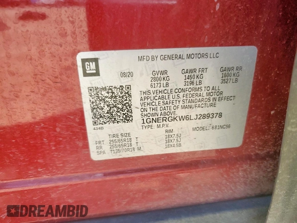 2020 Chevrolet Traverse LT Cloth with VIN 1GNERGKW6LJ289378, listed as a Copart auction lot 63247035 with 100,394 mi miles and Salvage title. Bid and sale history available at DreamBid. Image 13.