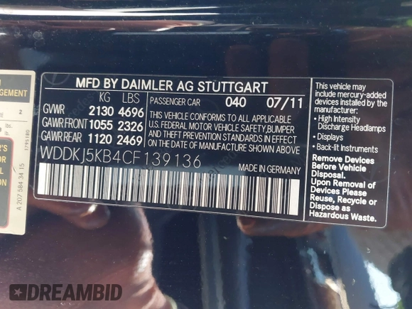 2012 Mercedes-Benz E 350 with VIN WDDKJ5KB4CF139136, listed as a IAAI auction lot 41852191 with 161,115 mi miles and . Bid and sale history available at DreamBid. Image 9.