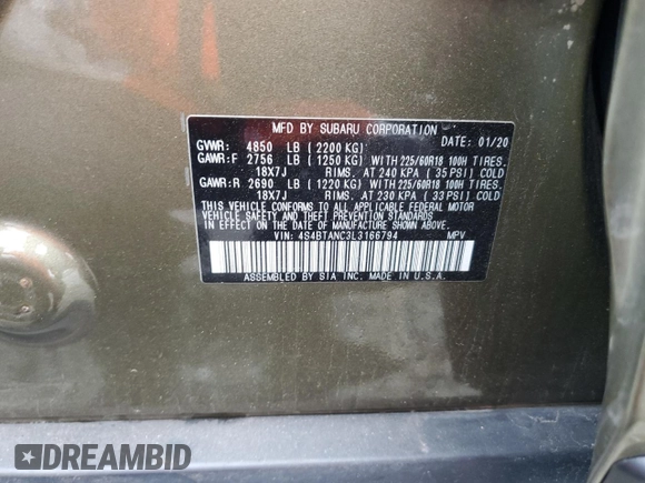 2020 Subaru Outback Limited with VIN 4S4BTANC3L3166794, listed as a Copart auction lot 58442905 with 59,108 mi miles and Salvage title. Bid and sale history available at DreamBid. Image 14.
