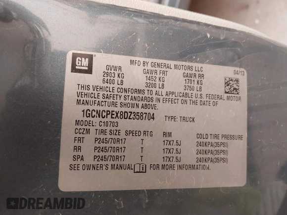 2013 Chevrolet Silverado 1500 Work Truck with VIN 1GCNCPEX8DZ358704, listed as a IAAI auction lot 41730389 with Not Provided miles and . Bid and sale history available at DreamBid. Image 9.
