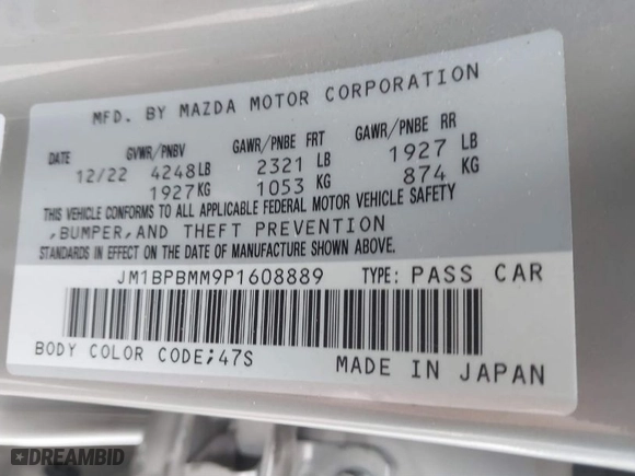 2023 Mazda Mazda3 Hatchback 2.5 S Premium with VIN JM1BPBMM9P1608889, listed as a IAAI auction lot 41206243 with 22,217 mi miles. Bid and sale history available at carsss.com. Image 9.