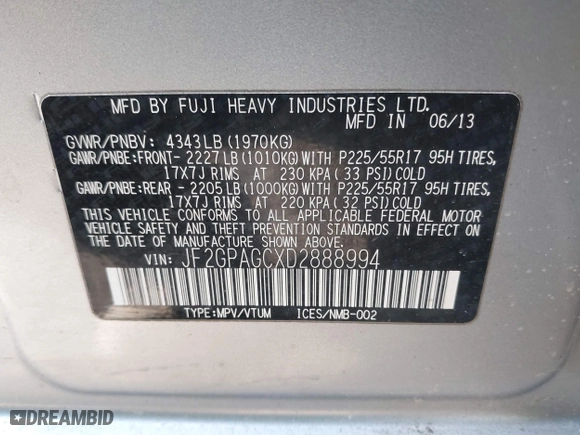 2013 Subaru XV Crosstrek Limited with VIN JF2GPAGCXD2888994, listed as a IAAI auction lot 41709219 with 203,175 mi miles. Bid and sale history available at carsss.com. Image 9.