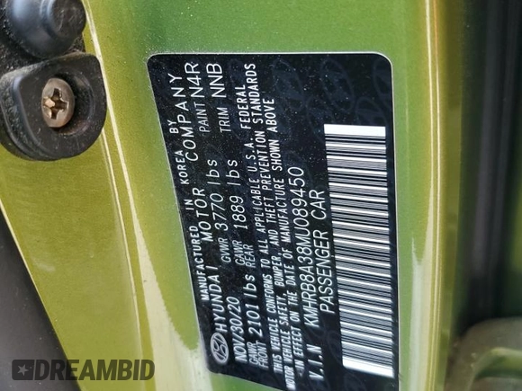 2021 Hyundai Venue SE z VIN KMHRB8A38MU089450, wystawiony jako Copart lot #51319155 z przebiegiem Nie podano mil oraz Szkoda całkowita • Salvage title. Historia ofert i sprzedaży dostępna na DreamBid. Obrazek 13.