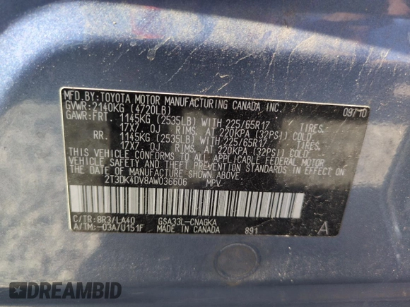 2010 Toyota RAV4 Limited with VIN 2T3DK4DV8AW036606, listed as a Copart auction lot 61533175 with 180,493 mi miles and Salvage title. Bid and sale history available at DreamBid. Image 12.